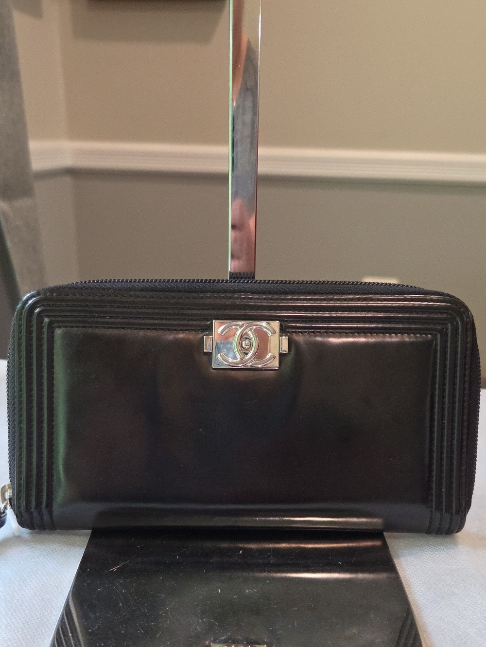 CHANEL Boy Black Patent Leather Zip Wallet with Silver CC Turnlock- COA